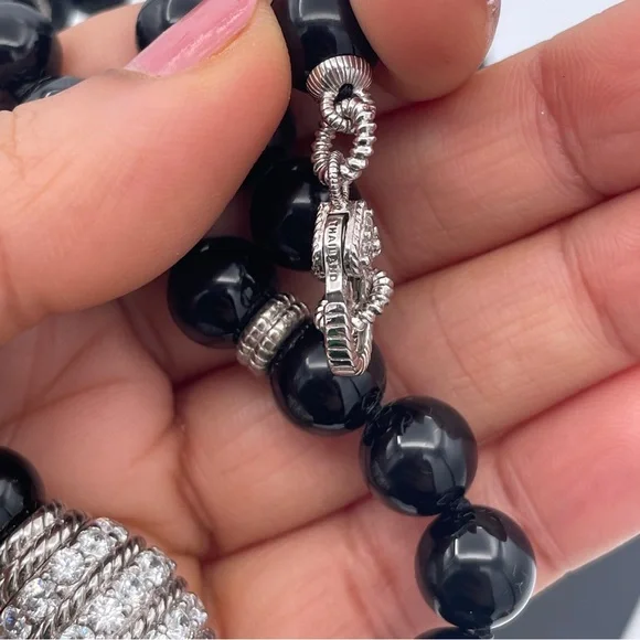 Judith Ripka Heavy 10mm Onyx Bead Necklace Sterling Silver CZ Center Piece 18” - Picture 5 of 9